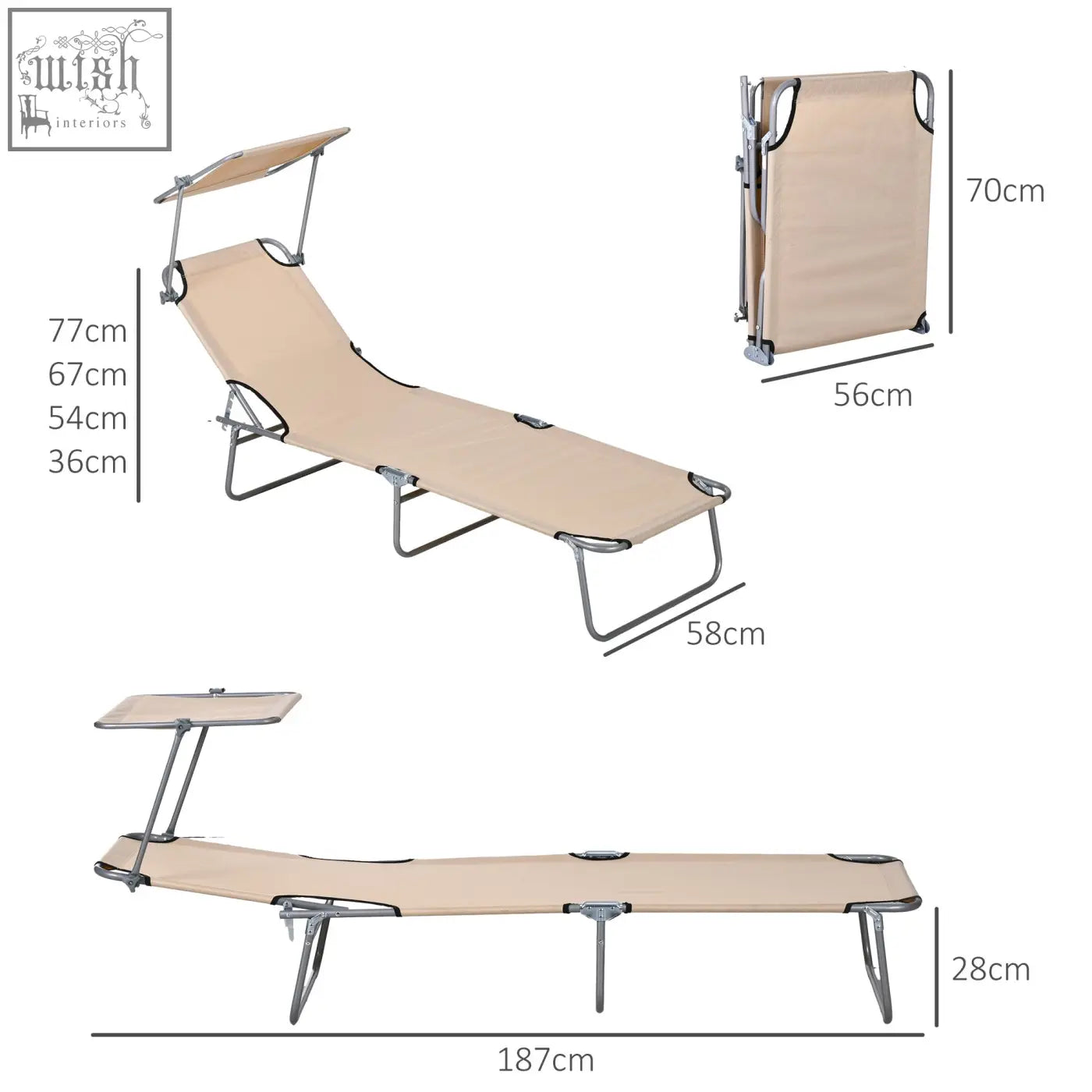 Beige canvas folding reclining sun lounger with metal frame and sun canopy perfect for beach garden patio