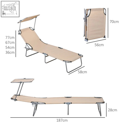 Beige canvas folding reclining sun lounger with metal frame and sun canopy perfect for beach garden patio