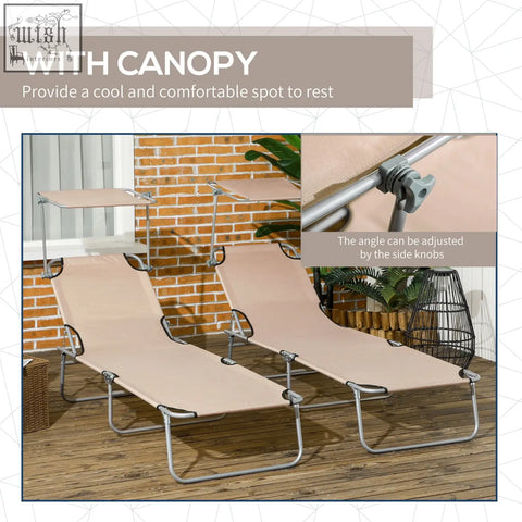Beige fabric reclining sun lounger set of 2 with silver metal frames and adjustable canopy for outdoor use