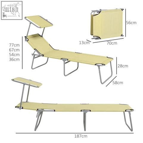 Beige fabric reclining sun lounger with silver metal frame and attached side table from outsunny outdoor set of 2