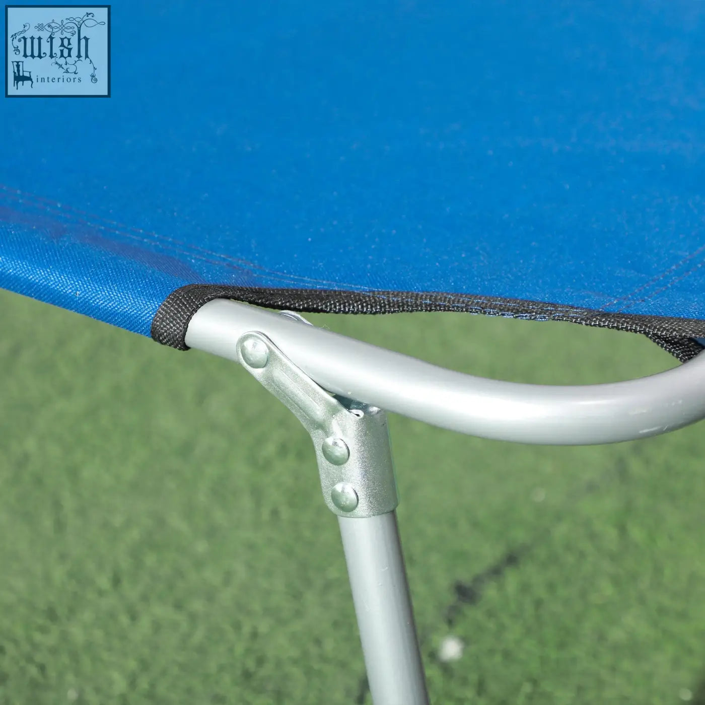 Blue fabric trampoline frame with silver metal joints on outsunny reclining sun lounger for garden and patio use