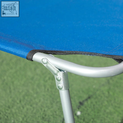 Blue fabric trampoline frame with silver metal joints on outsunny reclining sun lounger for garden and patio use