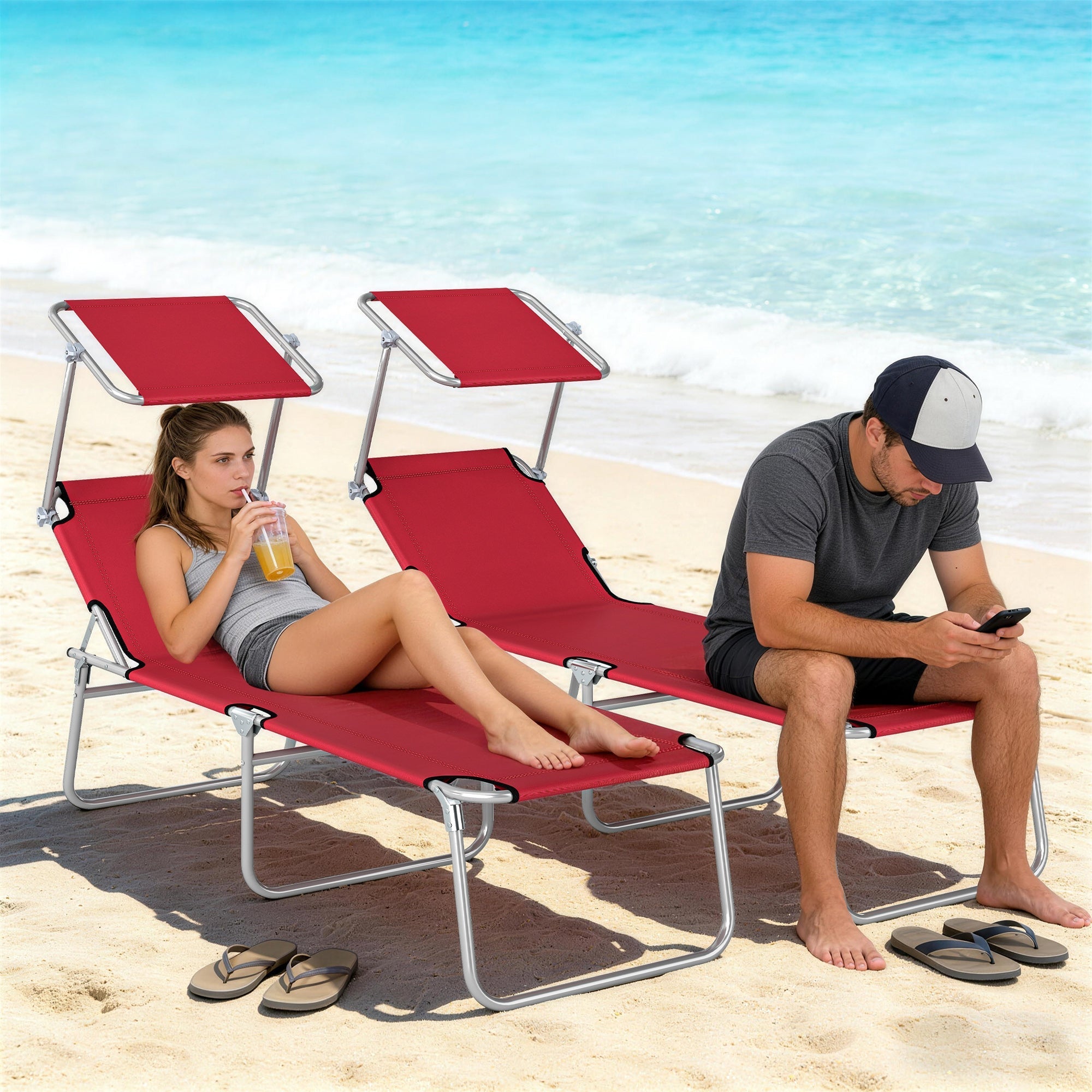 Red foldable sun lounger set of 2 with silver metal frames and adjustable reclining sun canopies by Outsunny