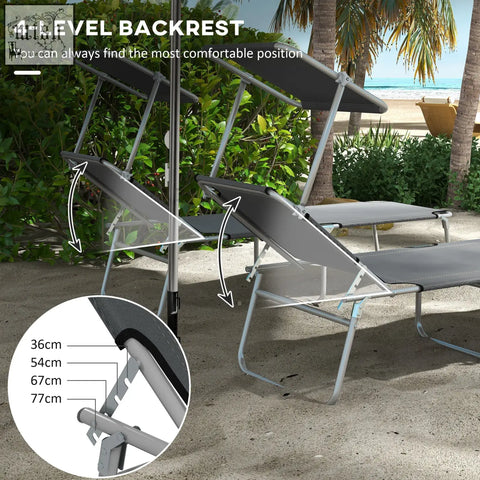 Gray fabric reclining sun lounger with 4-level adjustable backrest and metal frame for beach and patio use