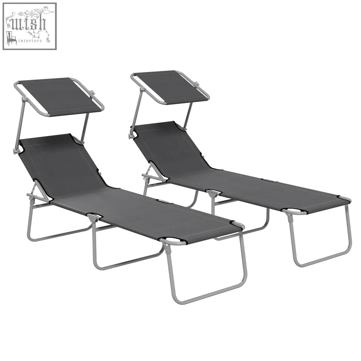 Two grey fabric reclining sun loungers with silver metal frames and adjustable canopies for outdoor use