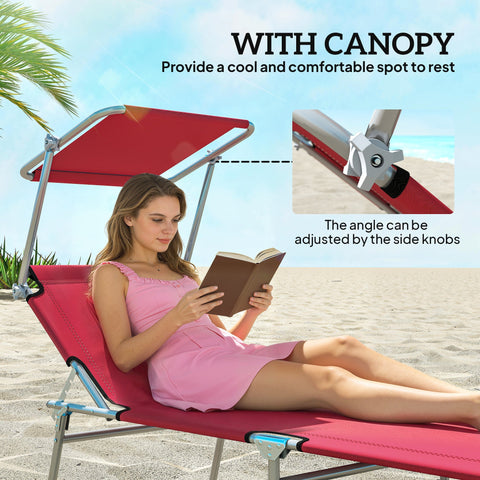 Outsunny outdoor foldable red fabric reclining sun lounger set of 2 with matching canopy and silver metal frame
