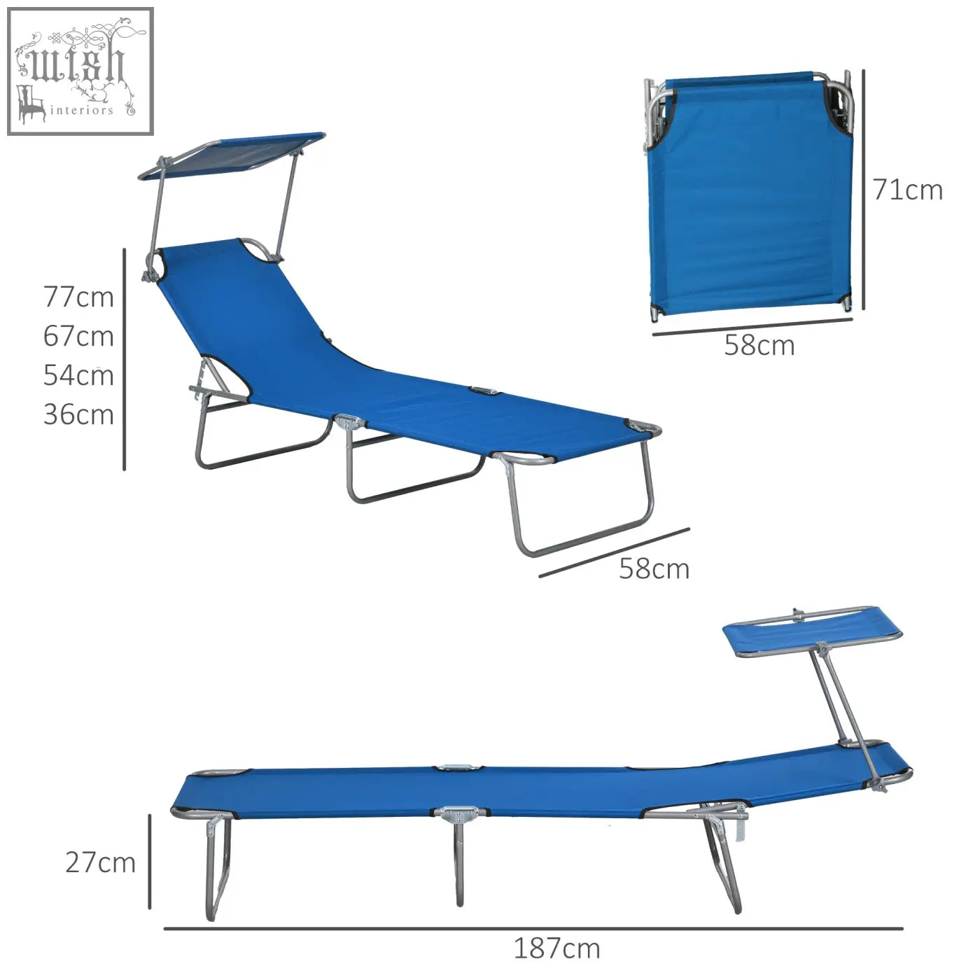 Blue fabric folding reclining sun lounger with metal frame and adjustable canopy for outdoor garden patio use