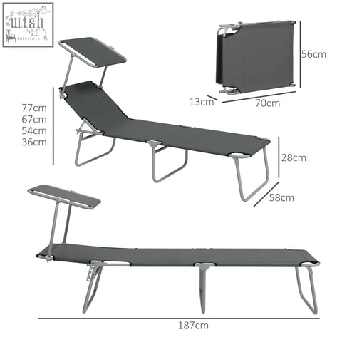 Gray fabric folding reclining sun lounger with metal frame and side table perfect for beach or garden use