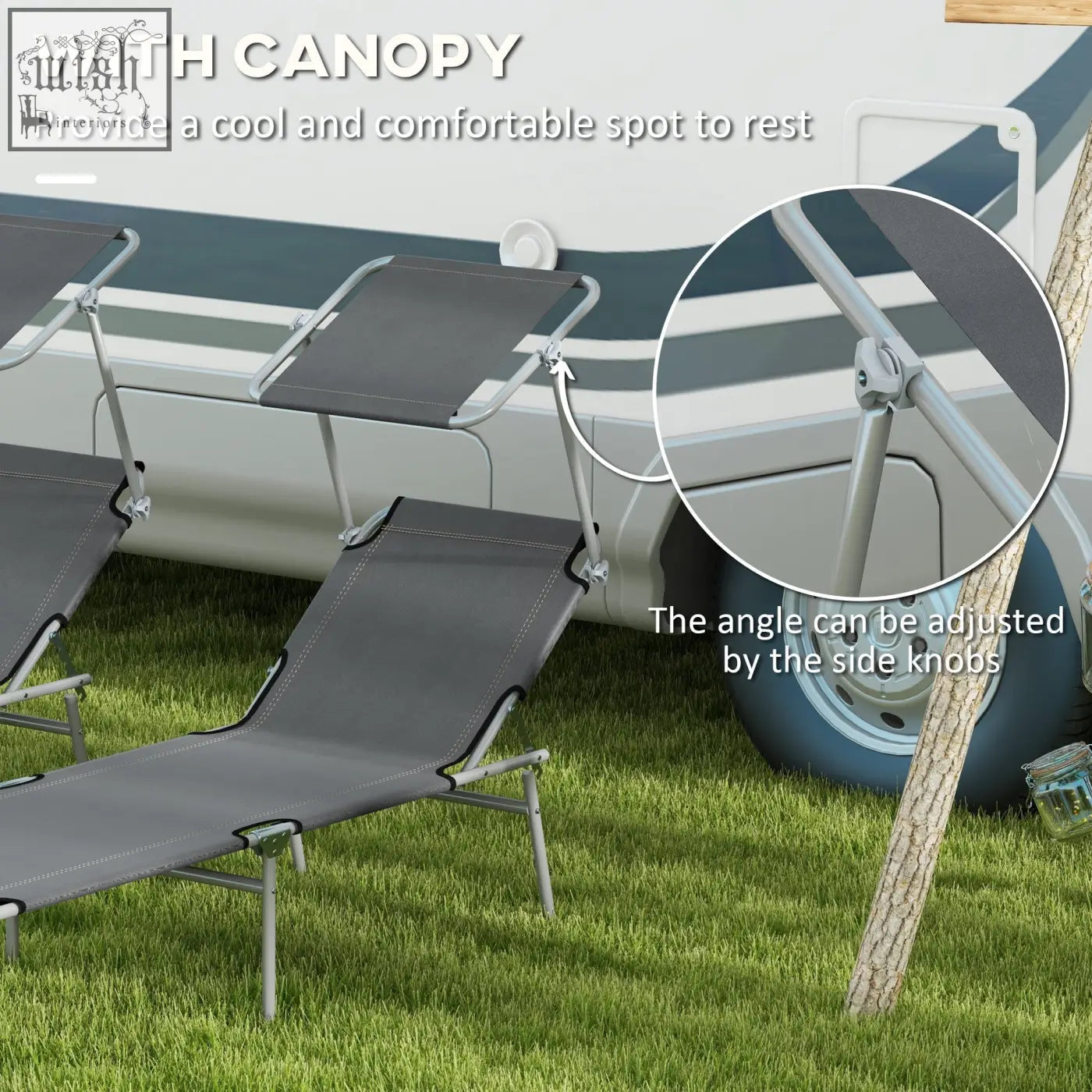 Gray fabric reclining sun lounger with foldable canopy and silver metal frame for outdoor relaxation