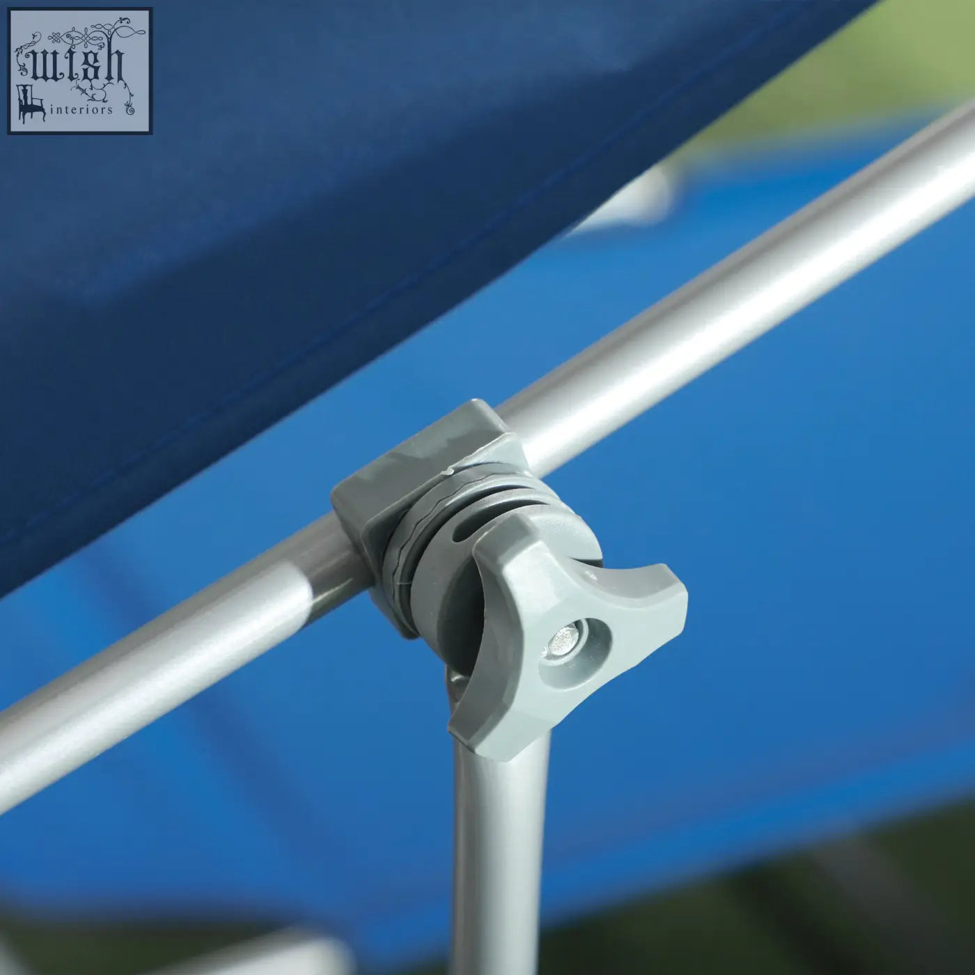Gray plastic clamp securing two silver metal poles on the back of blue outsunny reclining sun lounger canopy