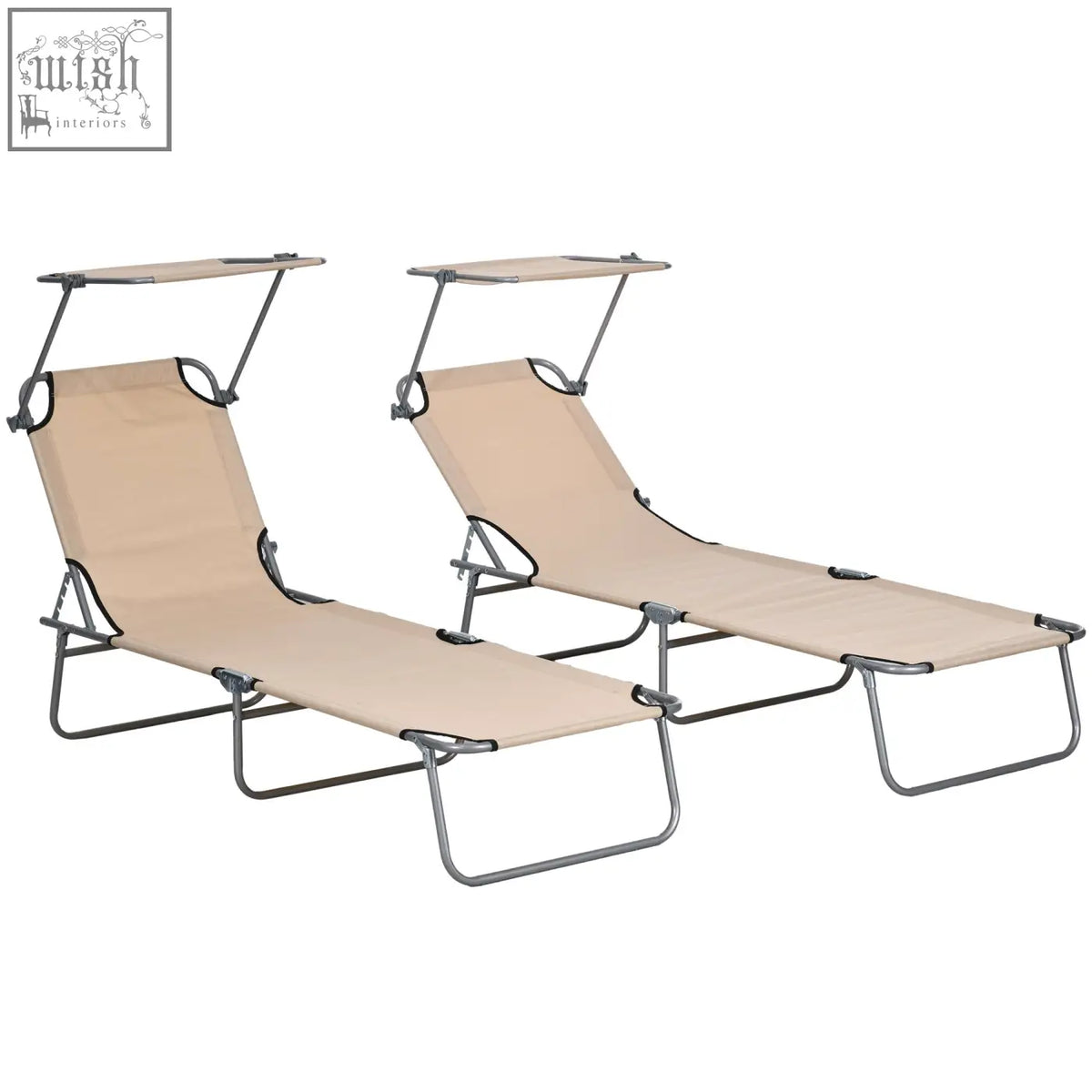 Beige fabric reclining sun lounger set of 2 with metal frames and adjustable canopy tops for outdoor use