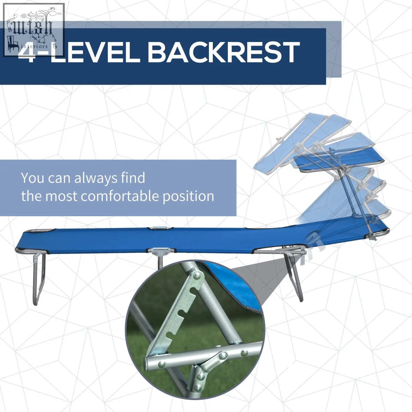 Blue fabric reclining sun lounger with 4 level adjustable backrest and silver metal frame for outdoor use