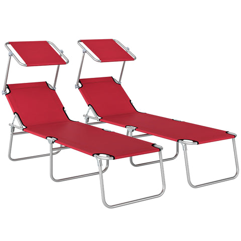 Red fabric Outsunny outdoor foldable sun loungers with silver metal frames and adjustable reclining sun canopies
