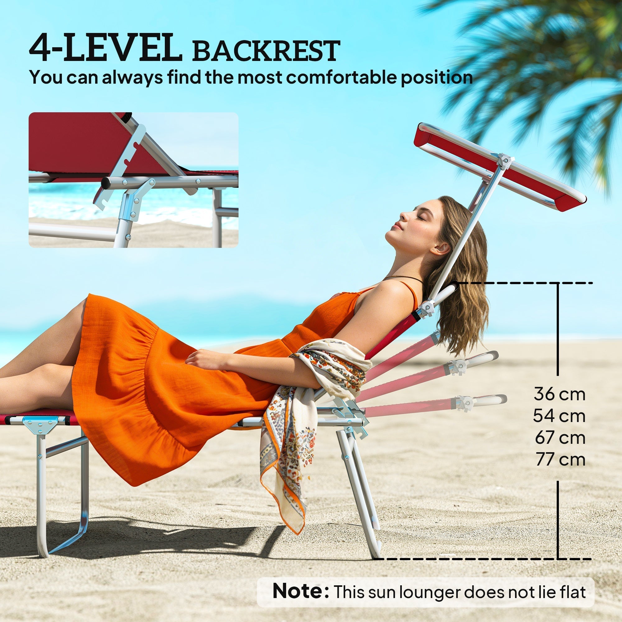 Red and silver outsunny outdoor foldable reclining sun lounger set with 4 level adjustable backrest for comfort