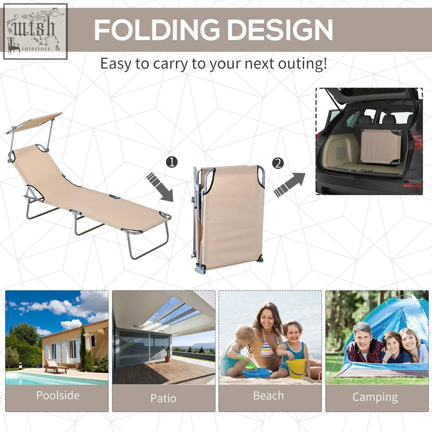 Beige folding reclining sun lounger with metal frame and canopy for easy outdoor use at poolsides patios beaches or camping