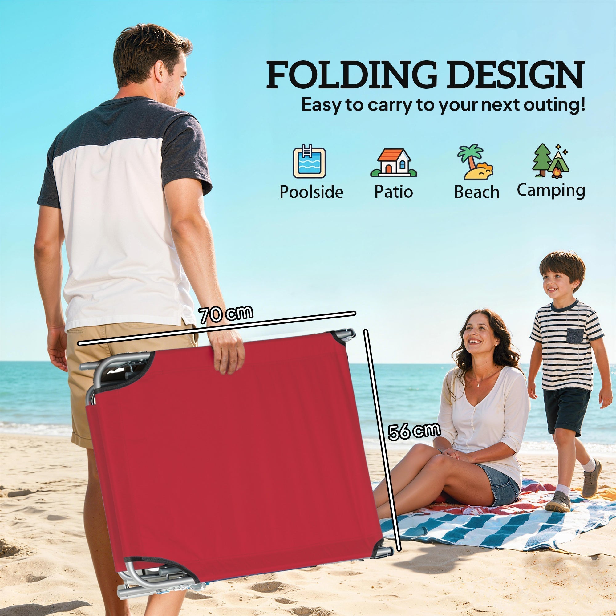Red folding beach chair with metal frame from outsunny reclining sun lounger set with 4 level adjustable backrest