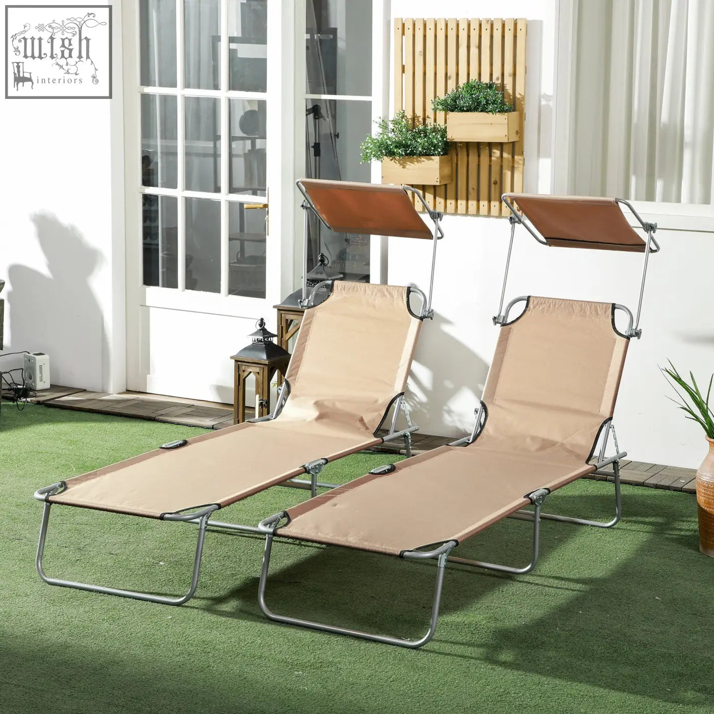 Beige fabric reclining sun lounger set of 2 with brown canopy and metal frame perfect for garden or patio use