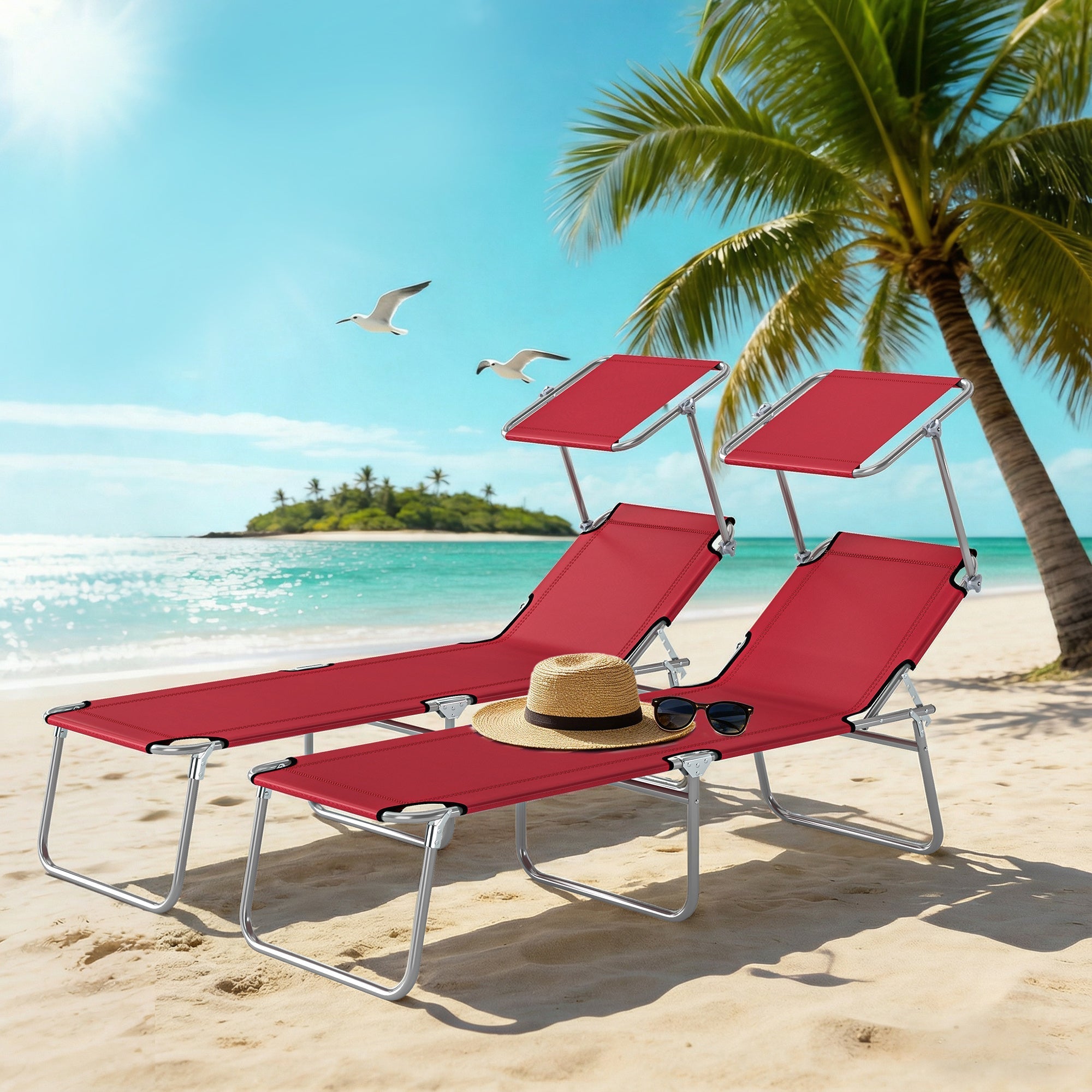 Outsunny outdoor foldable red fabric sun lounger set with silver metal frame and built-in canopy for reclining sun comfort