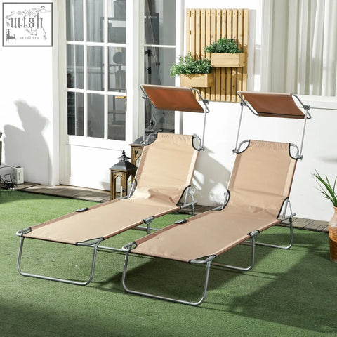 Beige fabric reclining sun lounger set of 2 with brown canopy and metal frame perfect for garden or patio use