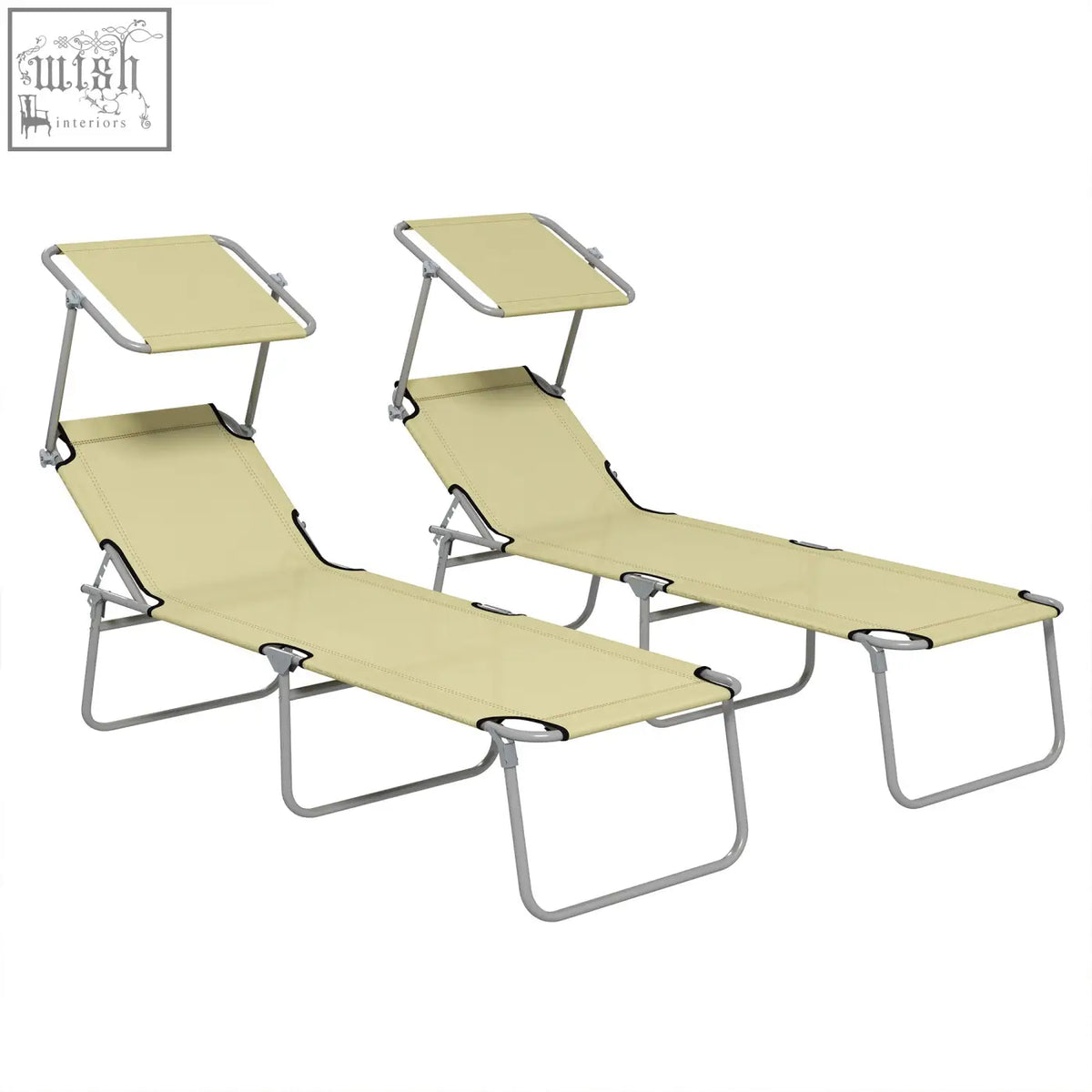 Beige fabric reclining sun lounger set with silver metal frames and foldable canopy shades for outdoor use