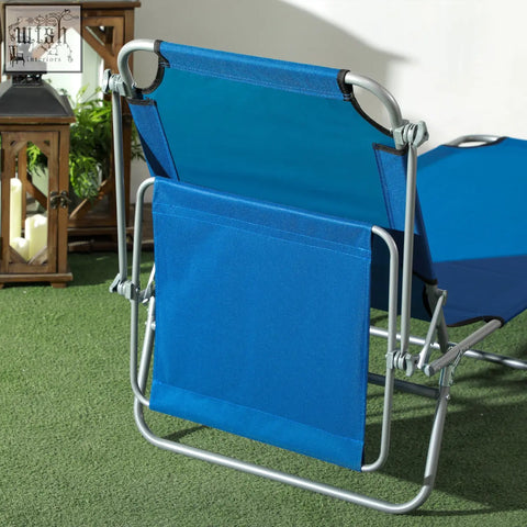 Blue fabric reclining sun lounger with silver metal frame perfect for beach garden patio use