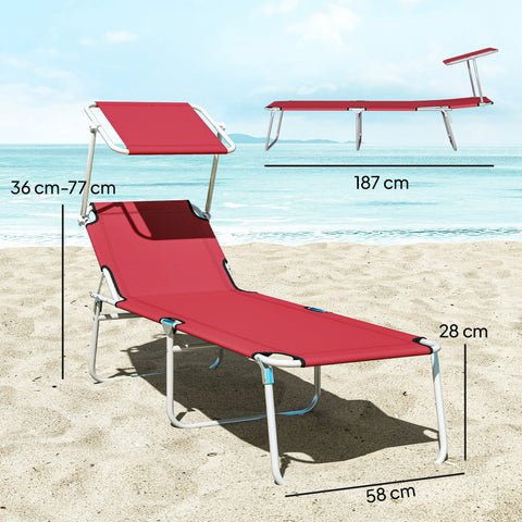 Red fabric reclining sun lounger with white metal frame and attached canopy perfect for outdoor use