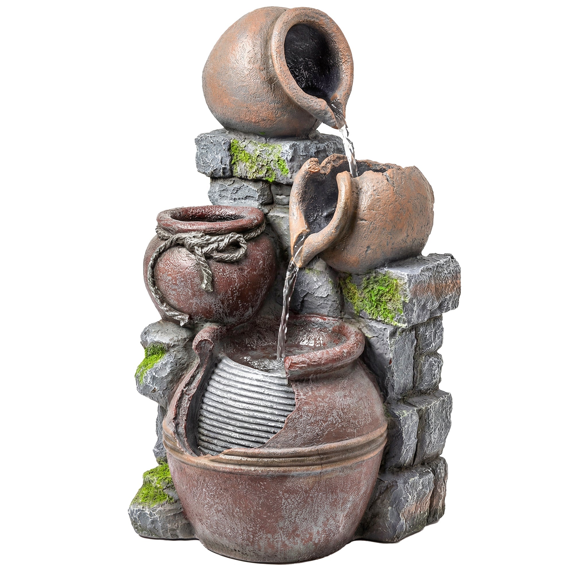 Outsunny outdoor waterfall fountain with terracotta pots, stone accents, built-in planter, and led lights in rustic brown