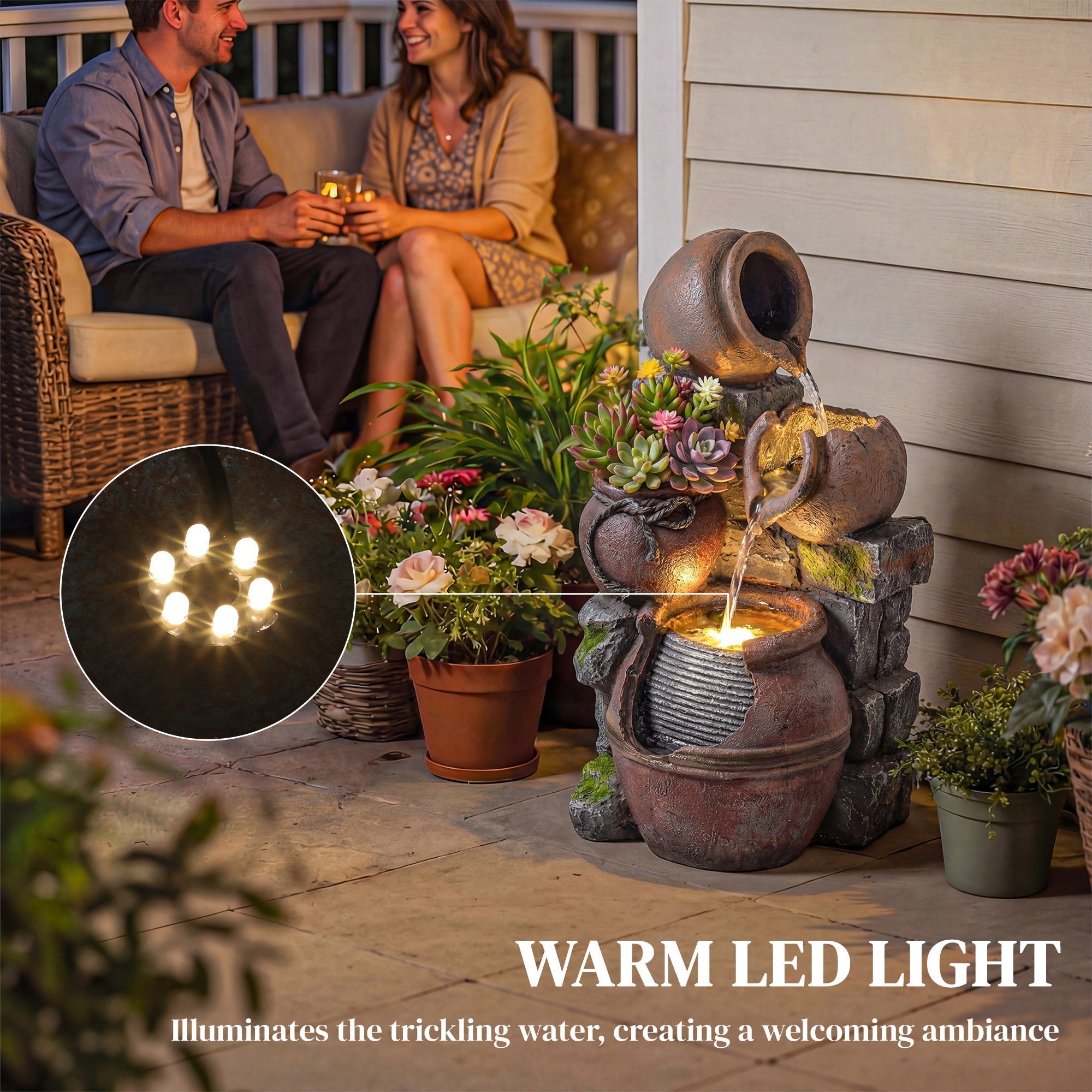 Outsunny outdoor waterfall fountain with 4-tier rustic brown terracotta pots and warm led lights for garden decor