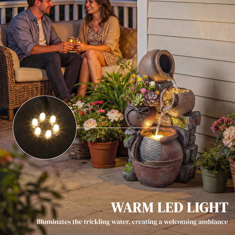 Outsunny outdoor waterfall fountain with 4-tier rustic brown terracotta pots and warm led lights for garden decor