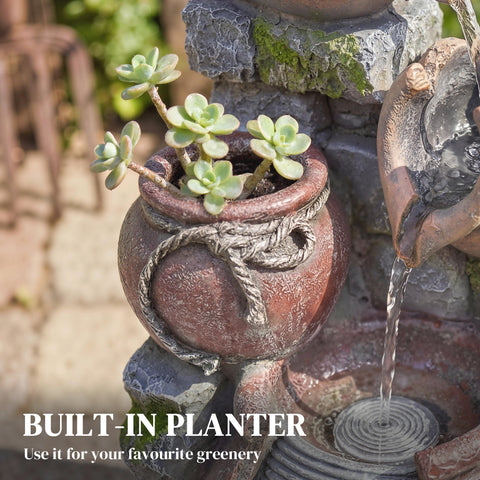Rustic brown outsunny outdoor waterfall fountain with 4-tier terracotta pots, rope design, mossy stone accents, led lights