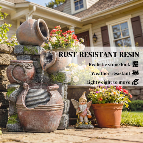 Outsunny outdoor fountain with 4-tier rustic brown pots, led lights, and waterfall fountain in rust-resistant resin