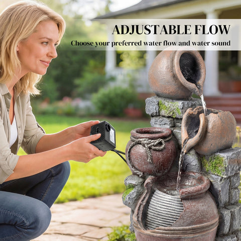 Brown ceramic 4-tier waterfall fountain with led lights and built-in planter by outsunny for outdoor use