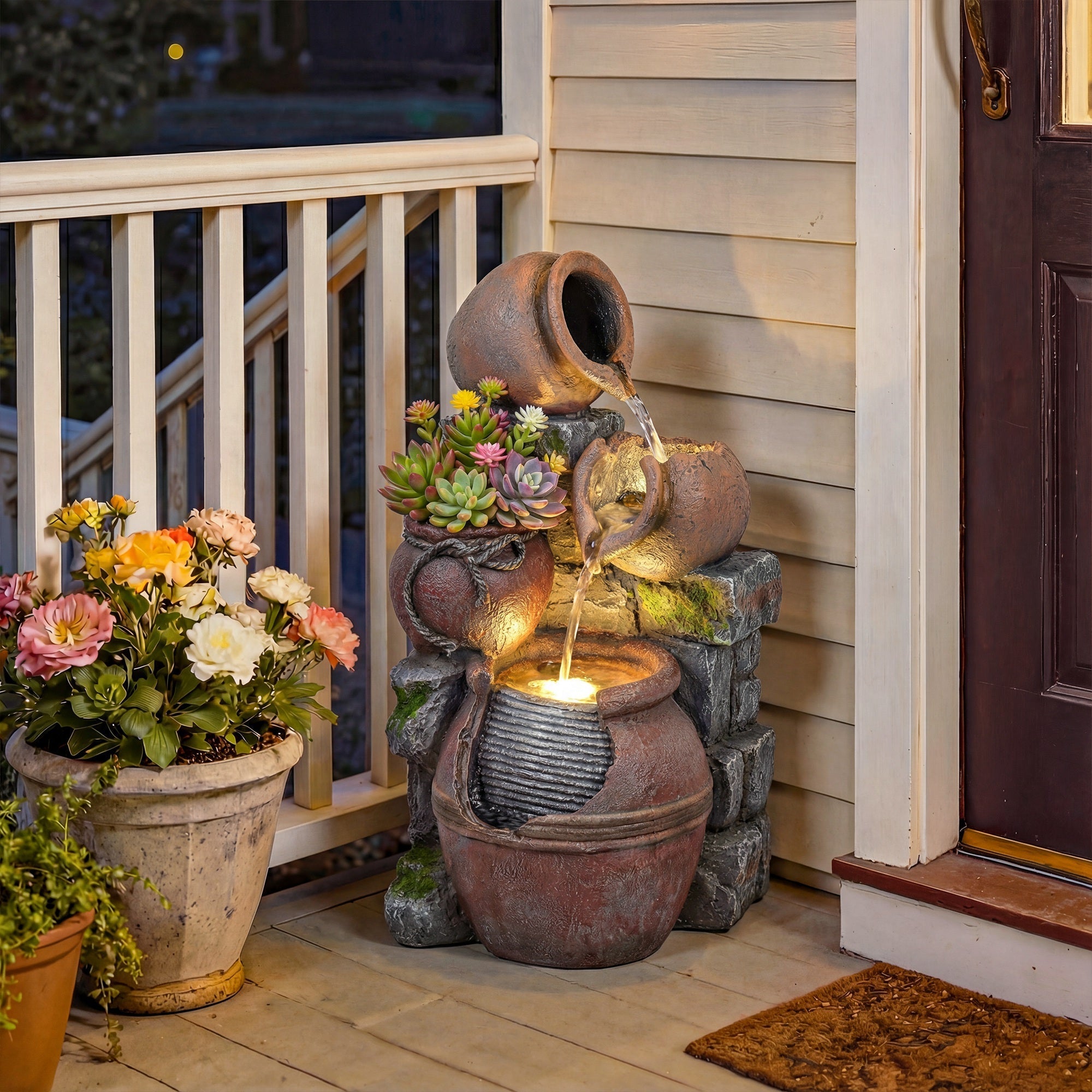 Outsunny outdoor waterfall fountain with 4-tier rustic brown ceramic pots and integrated led lights for garden use