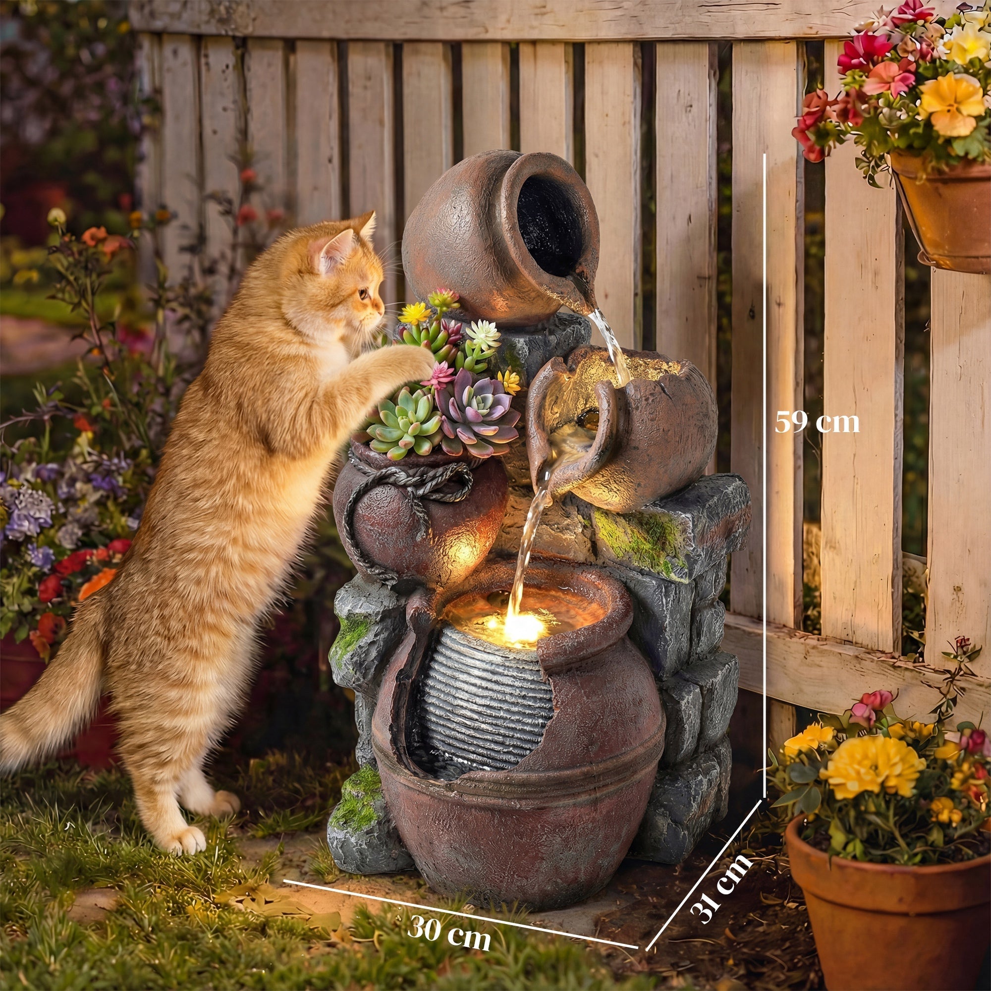 Outsunny outdoor waterfall fountain with 4-tier rustic brown ceramic pots and led lights with mossy stone accents