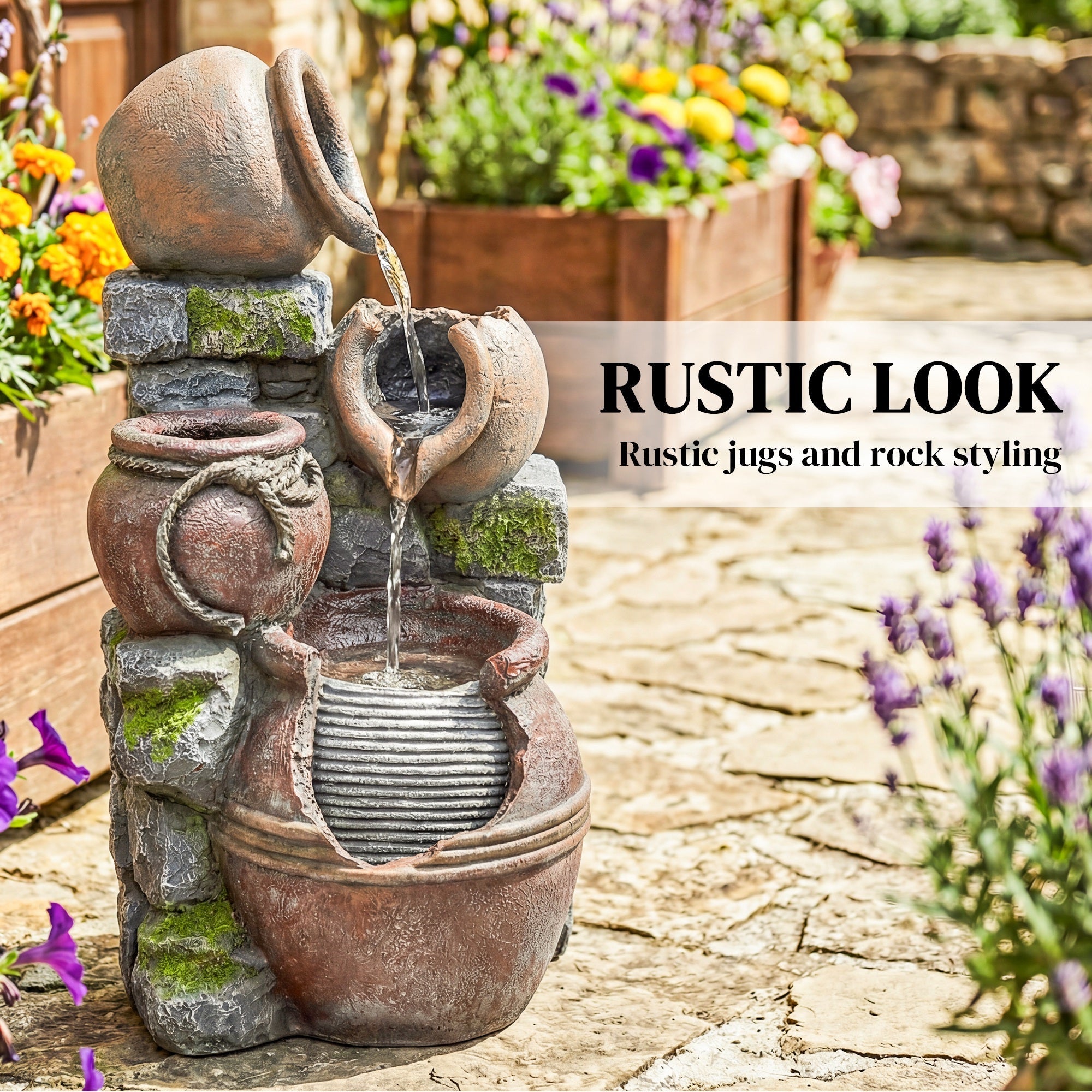 Outsunny outdoor waterfall fountain with rustic brown terracotta jug, mossy stone, ribbed basin, and led lights