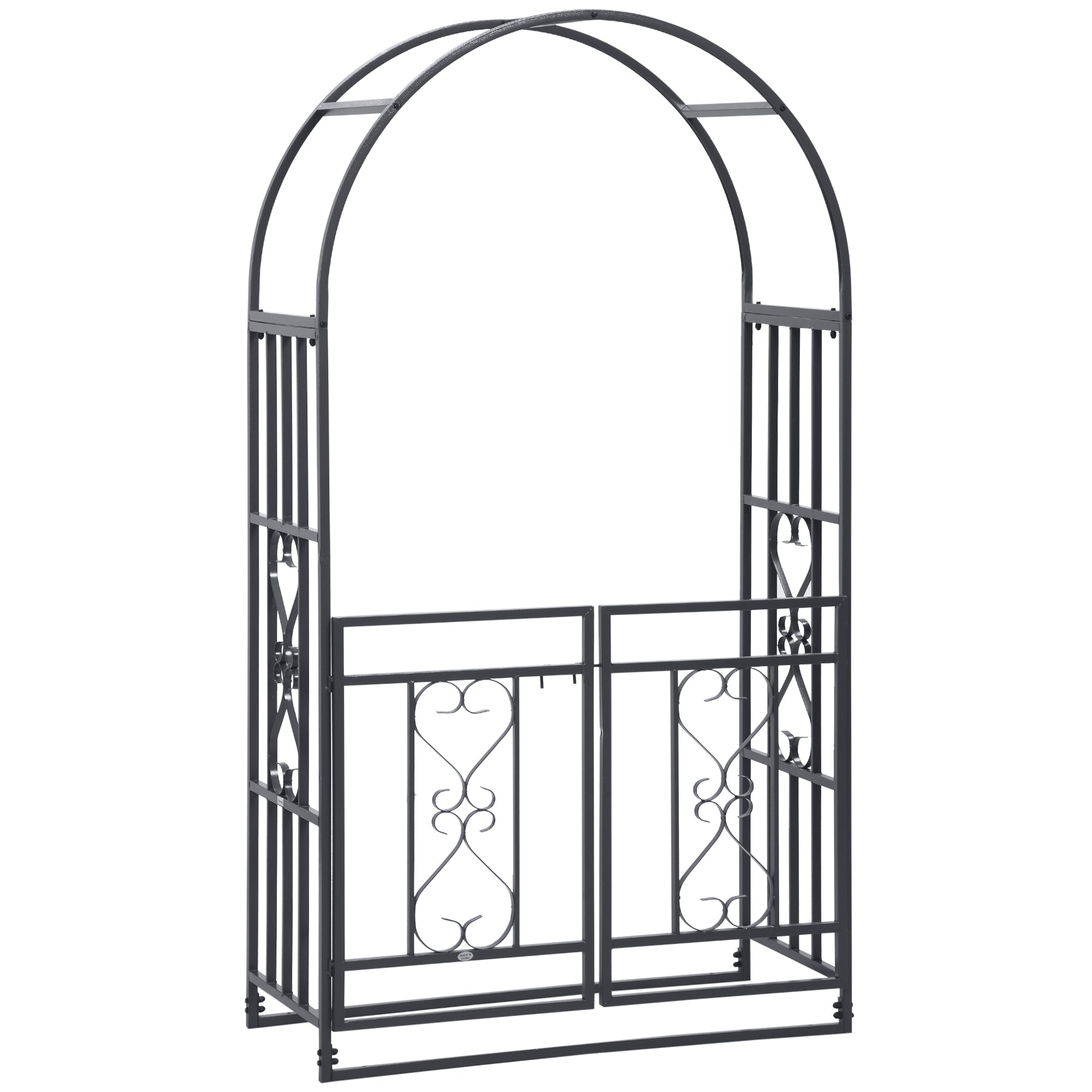 Outsunny dark grey wrought iron garden arbor with ornate scrollwork and double gates for climbing plants and vines