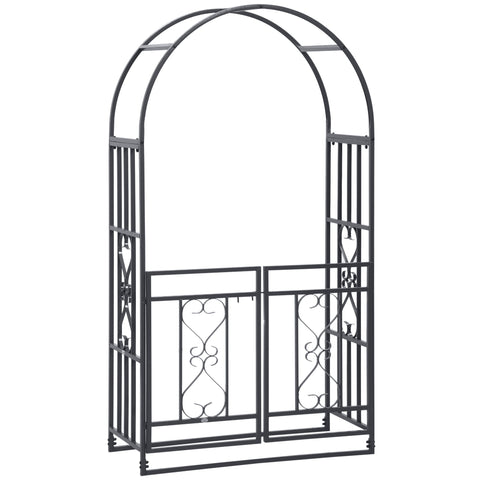 Outsunny dark grey wrought iron garden arbor with ornate scrollwork and double gates for climbing plants and vines