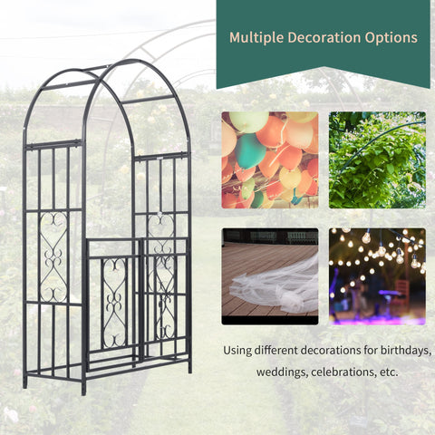 Black wrought iron dark grey garden arbor with ornate scrollwork for climbing plants and outdoor weddings