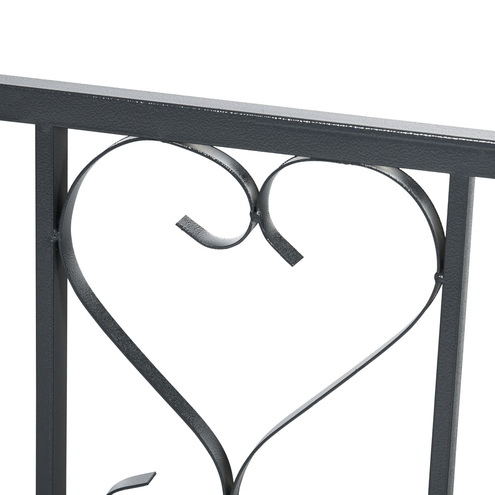 Dark grey wrought iron garden arbor with heart-shaped railing detail perfect for climbing plants and outdoor use