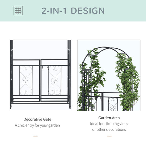 Dark grey wrought iron garden arbor with double gates and ornate scrollwork for climbing plants and outdoor use