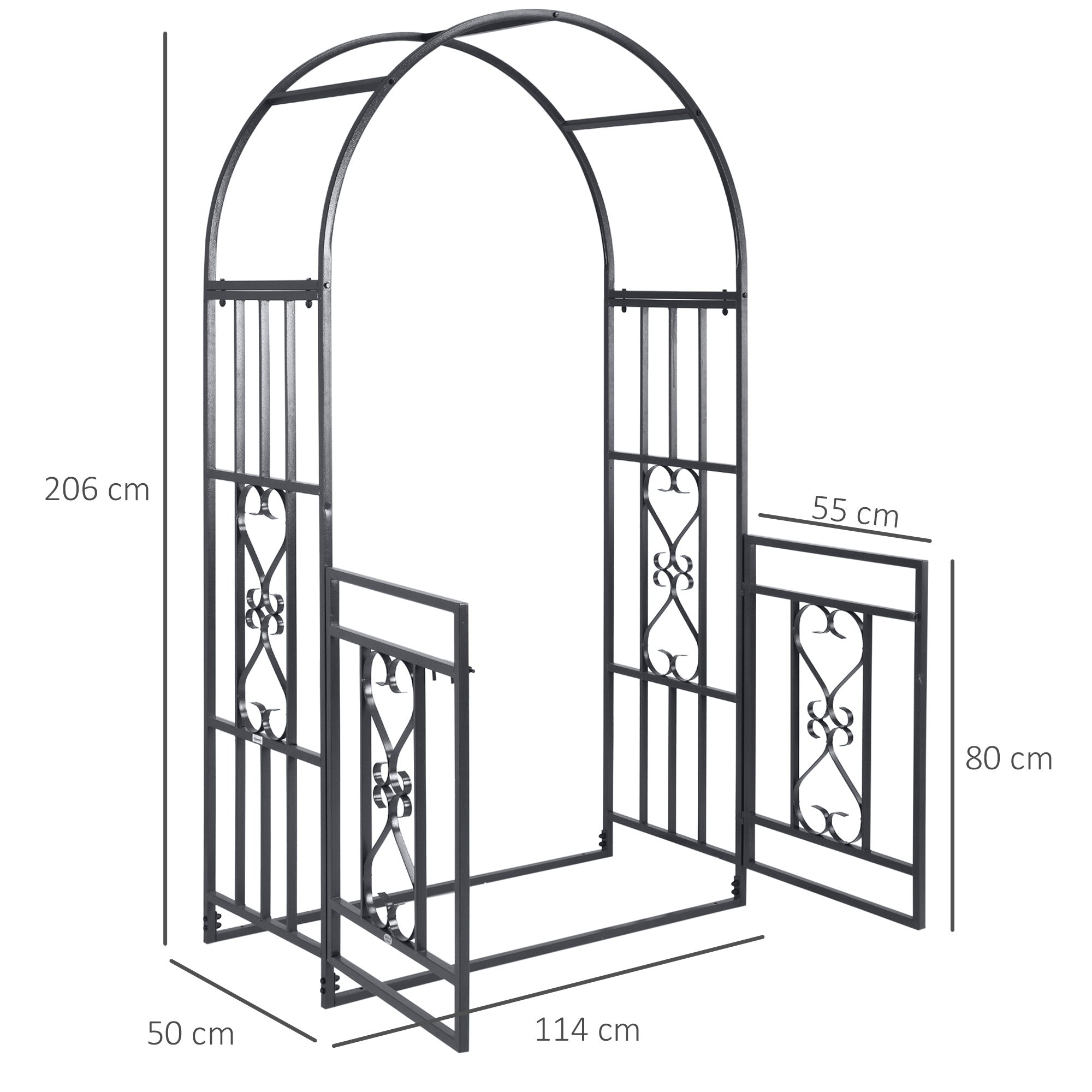 Dark grey wrought iron garden arbor with ornate scrollwork and double gates for climbing plants and outdoor weddings