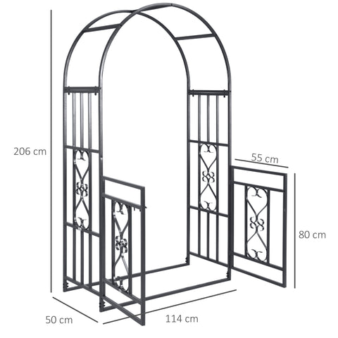 Dark grey wrought iron garden arbor with ornate scrollwork and double gates for climbing plants and outdoor weddings