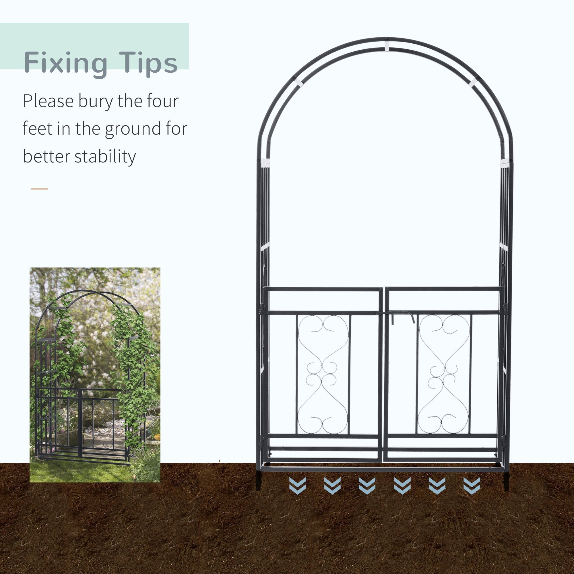 Dark grey wrought iron garden arbor with ornate heart scrollwork and double gates for climbing plants and roses