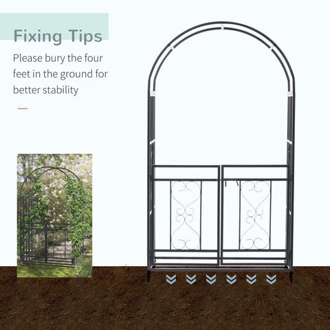 Dark grey wrought iron garden arbor with ornate heart scrollwork and double gates for climbing plants and roses