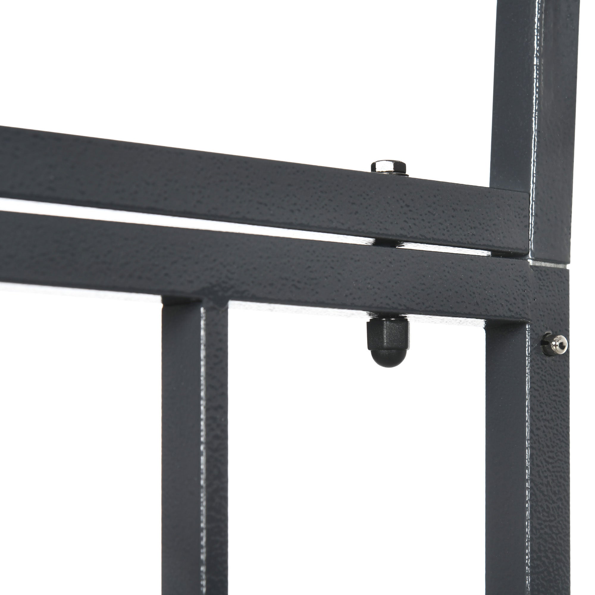 Black metal frame with textured finish and bolts on dark grey Outsunny garden arbor for climbing plants