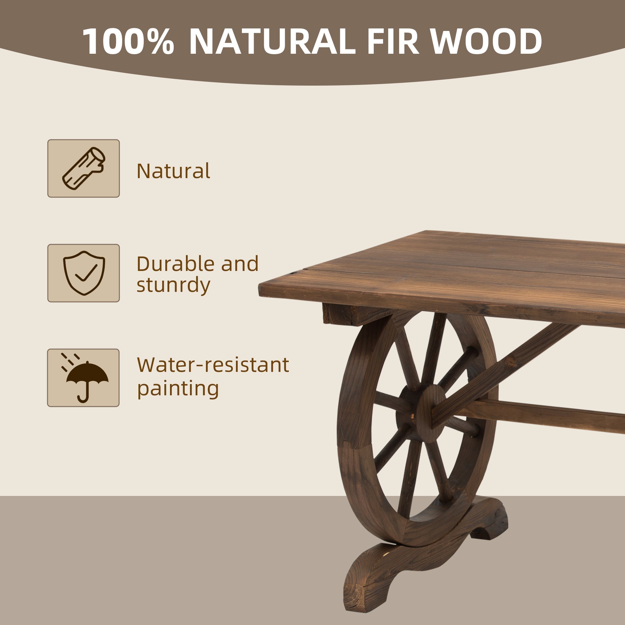 Outsunny outdoor garden coffee table with wagon wheel base made of natural fir wood in carbonized wood color