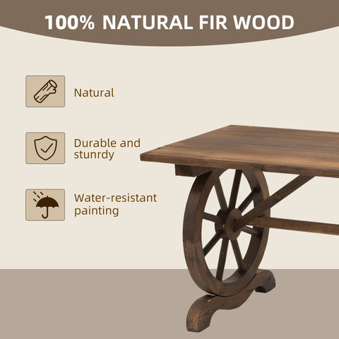Outsunny outdoor garden coffee table with wagon wheel base made of natural fir wood in carbonized wood color