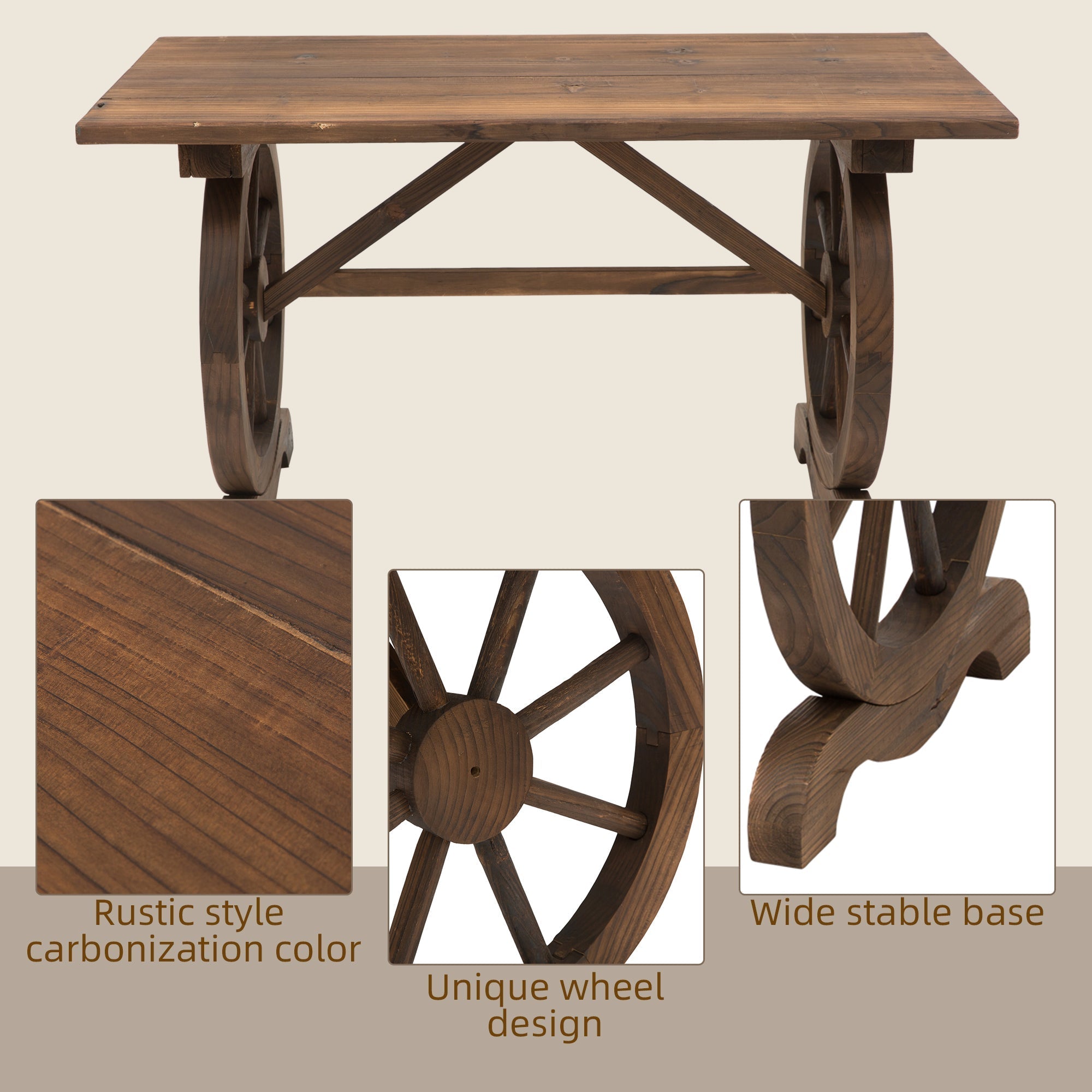 Outsunny rustic outdoor garden coffee table with wagon wheel legs made of natural fir wood in carbonized wood color