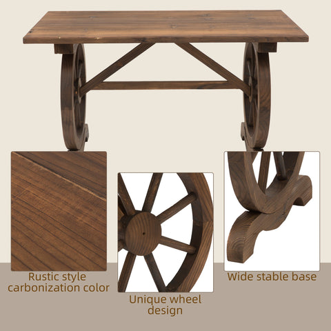 Outsunny rustic outdoor garden coffee table with wagon wheel legs made of natural fir wood in carbonized wood color