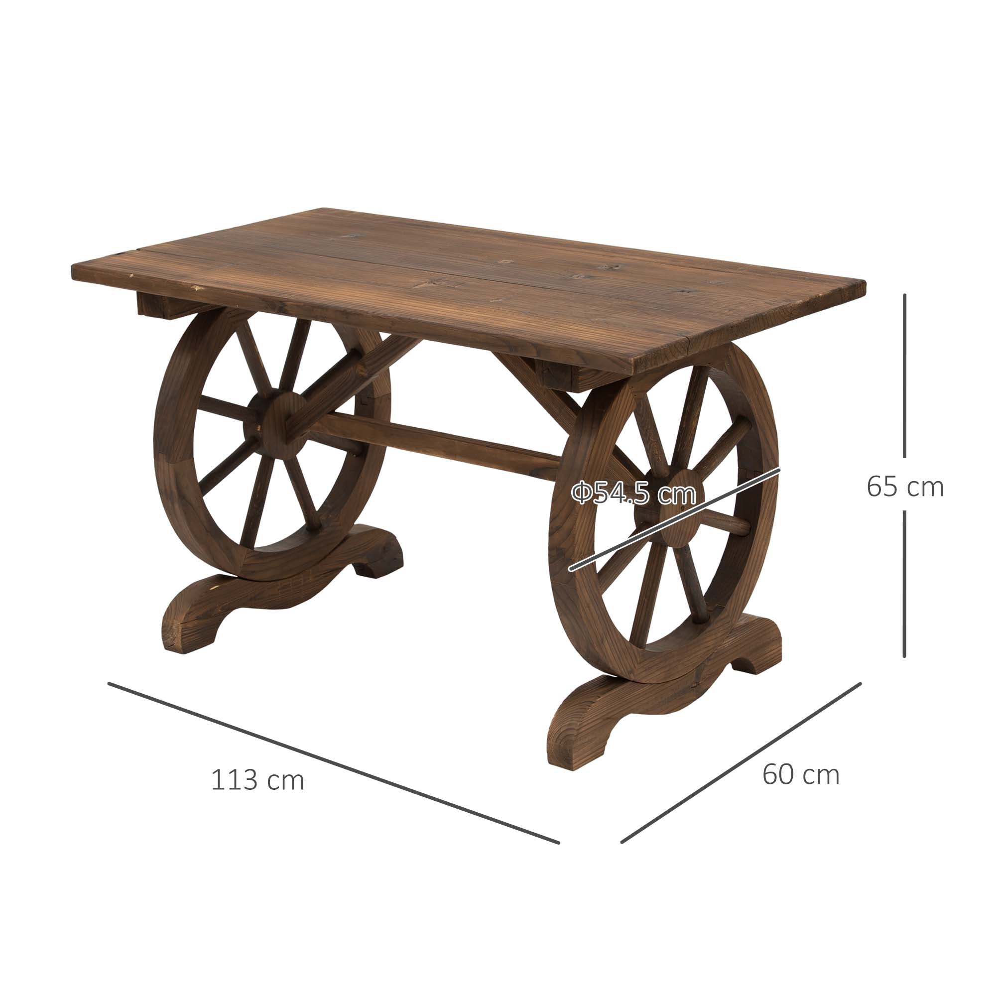 Rustic Outsunny outdoor garden coffee table with wagon wheel legs and natural fir wood top in carbonized wood color